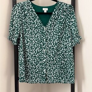 J. Crew Dark Green and White Floral Blouse